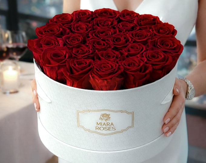 Commemorative Floral Vessel – Event Anchor Keepsake - 25 Preserved Rose Box - Personalised Text Label - Flower Gift Box for Women