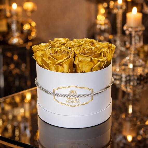 Preserved Gold Dipped Roses in Custom Rose Box, A Signature for Home or Luxury Flower Gift for Her | 14k Solid Gold Look
