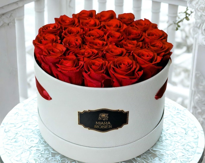 Preserved Real Roses – 25 Premium Red Roses in Round Flower Box, Longevity 2+ Years, Personalized Print, Birthday Flowers, Anniversary Gift