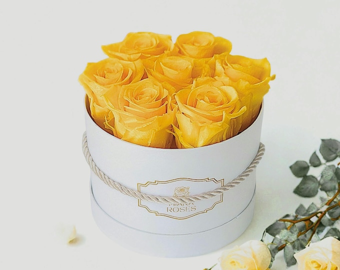 Real Everlasting Roses – 7 Yellow Stabilized Roses in White Box, Thoughtful Gift, Elegant Floral Decor, Birthday Flowers, Unique Home Decor