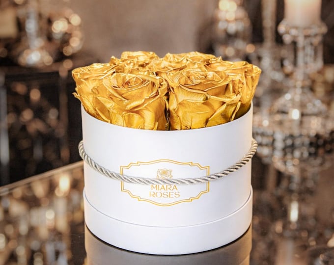 Eternal Rose Box, Keeps Fresh for Years, 7 Gold Color Roses, Customize Own Label, Luxury Flower Gift or Home Decor, Online Flower Delivery