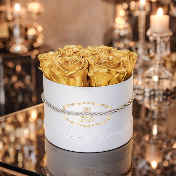 Preserved Gold Dipped Roses in Custom Rose Box, A Signature for Home or Luxury Flower Gift for Her | 14k Solid Gold Look