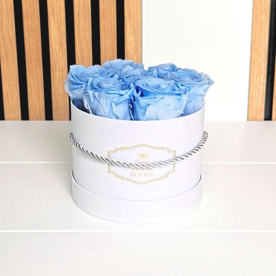 7 Eternal Baby Blue Premium Roses in White Box, Handmade Gift, Room Decor, Shelf Decor, Baby Shower Gift, Modern Gifts, Rose Blue