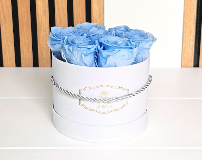 7 Eternal Baby Blue Premium Roses in White Box, Handmade Gift, Room Decor, Shelf Decor, Baby Shower Gift, Modern Gifts, Rose Blue