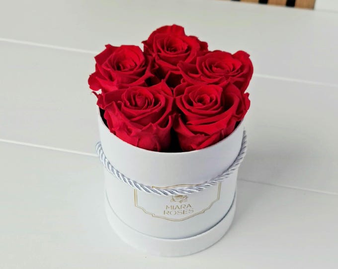 Small, Minimalist Custom Flower Box - 5 Preserved Red Roses - Timeless, Always Centerpiece, Silent Reminder, Very Personal, Meaningful