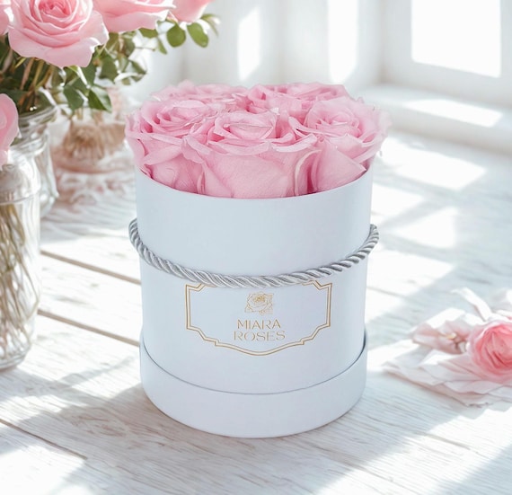 Preserved Pink Rose Gift – Ecuadorian Roses in White Box, Personalized Label, Custom Handmade