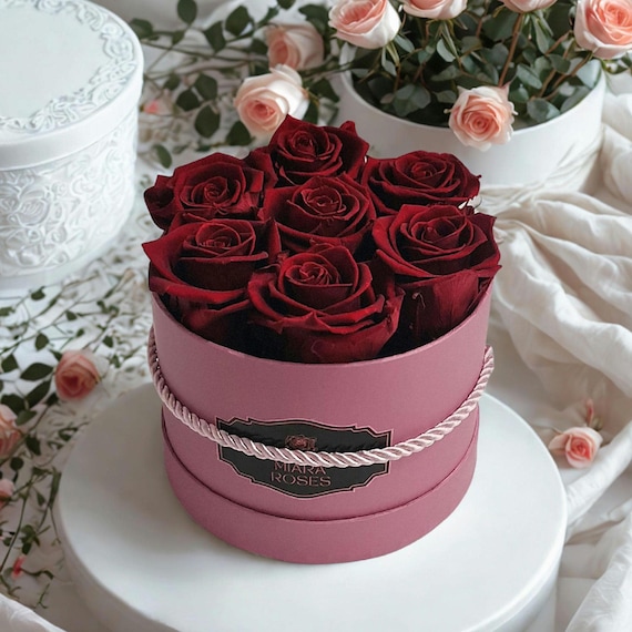 Natural Burgundy Rose Box Table Decor, (Lifespan 2+ Years) - Custom Label -  Table Centerpiece, Shelf Decor, Keepsake Gift