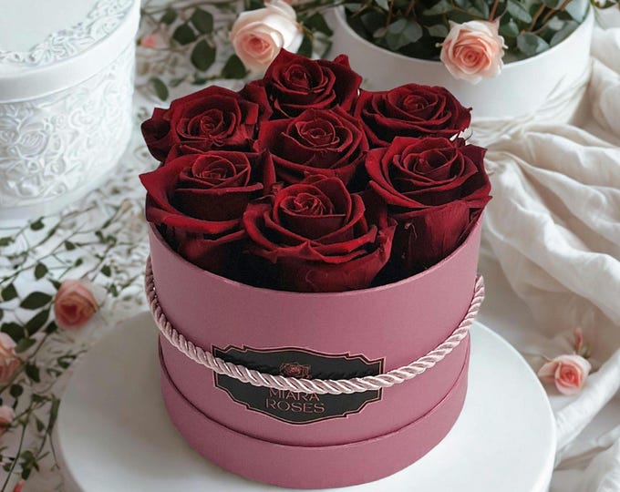 Custom Eternal Rose Box, Own Label, Rose and Box Color — 7 Preserved Burgundy Roses - Home Decor, Table Centerpiece, Pre-Order