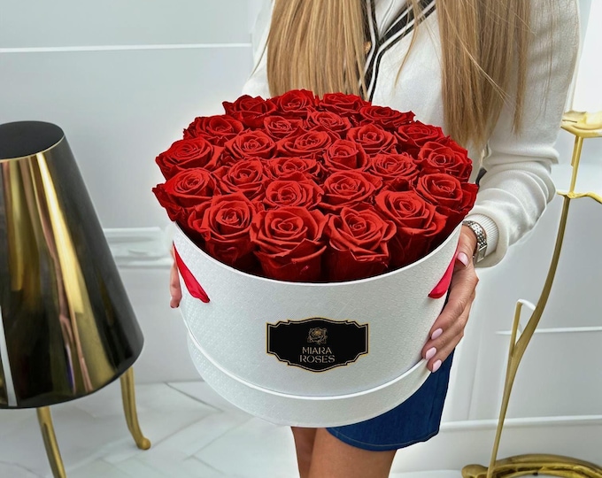 Large Box of Real Preserved Red Roses with 25 Blooms Will Last for Years, Wedding, Anniversary Gift, Personalized Logo