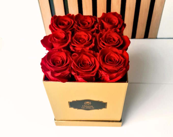 Money Flower Bouquet- 9 Preserved Red Roses in Gold Flower Box with Personalized Message, Lasting Gift