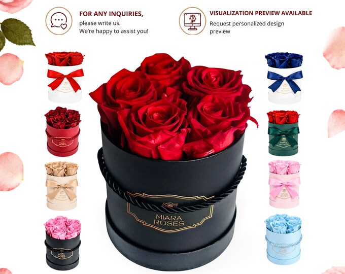 Personalized Preserved Rose Box, Custom Label Text, Colors - Unique Gift That Lasts For Years