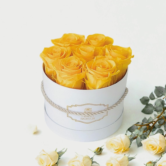 Real Everlasting Roses – 7 Yellow Stabilized Roses in White Box, Thoughtful Gift, Elegant Floral Decor, Birthday Flowers, Unique Home Decor