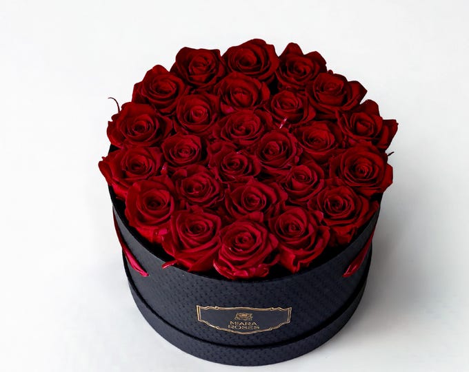 A Whisper of Deep Love — Personalized Infinity Roses Box for Her — Custom Text – 25  Red Roses for Timeless Memories, Suede Rose Box