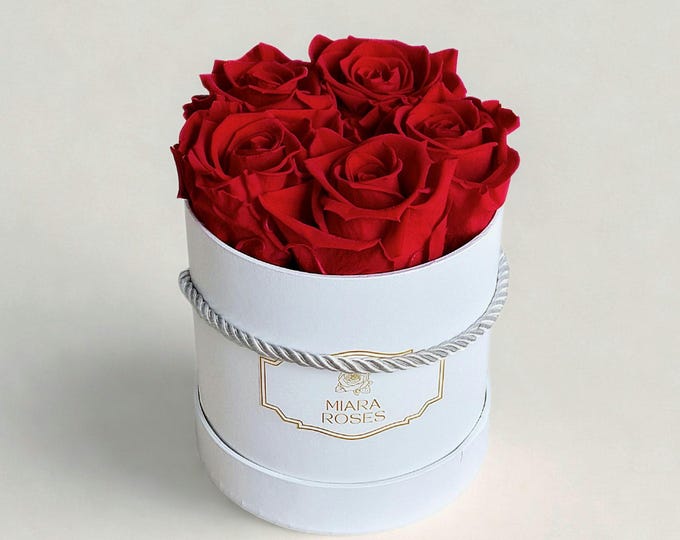 Stabilized to Prevent Wilting, 5 Preserved Real Roses (Longevity: 2+ Years] Personalised Label on Box, Elegant Home Decor, Table Centerpiece