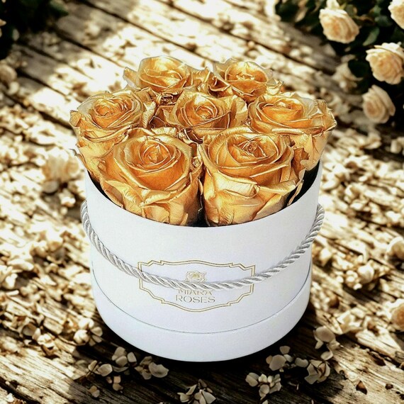 Timeless Elegance, Preserved Gold Roses in White Box, Lifespan: 2+ Yrs, High-End Interior Floral Centerpiece Decor Gift, Eternal Brilliance