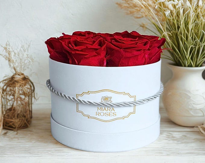 Personalized Label White Box with Forever Roses, Luxury Centerpiece, Table Decor, Best Birthday Gift, Gift For Her, Handmade, Friendship