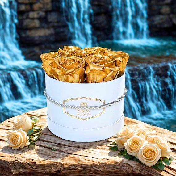 Preserved Gold Dipped Roses in Custom Rose Box, A Signature for Home or Luxury Flower Gift for Her | 14k Solid Gold Look