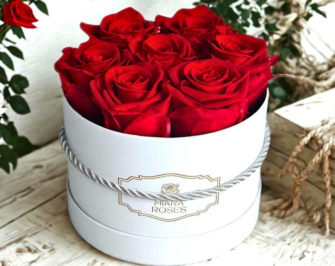 Nr. 1 Home Decor and Unique Gift - Stabilized (Longevity: 2+ Years) 7 Natural Roses in White Box, Flower Decor, Floral Display, For Her Gift