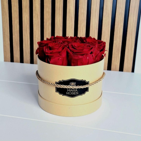 Preserved Red Rose Box, Beige Round Box, Lasting Floral Gift, Custom Label Text, Worldwide Flower Delivery, Fresh Flowers Forever, No Care