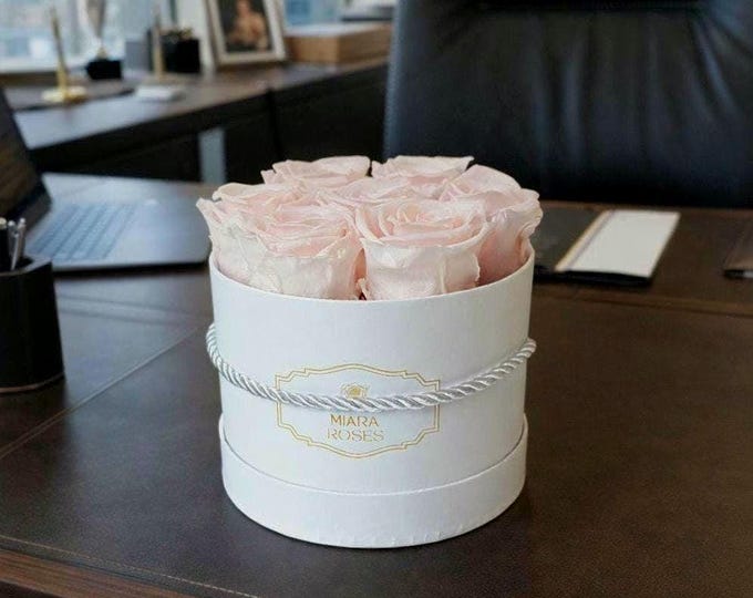 Custom Corporate Gift - Personalized Logo Label Flower Box with 7 Preserved Roses, Unique Business Greetings to Clients and Partners