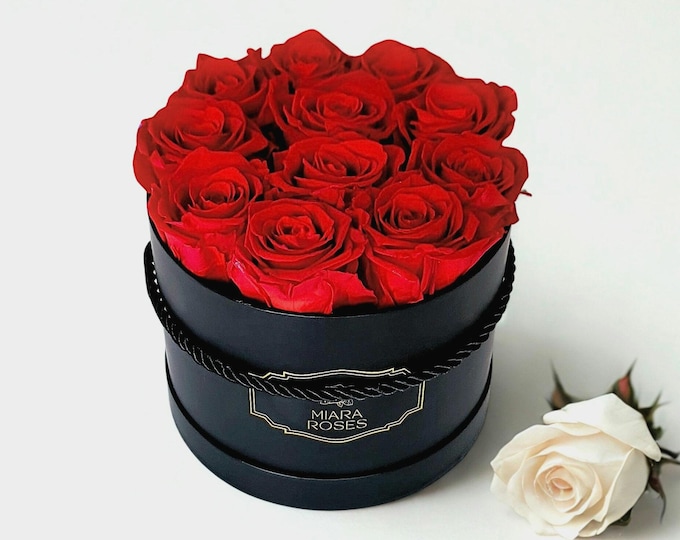 Eternal Roses in Flower Box, 11 Premium Natural Red Roses That Last For Years, Birthday Gift, Personalized Label, Gift for Her, Floral Gift