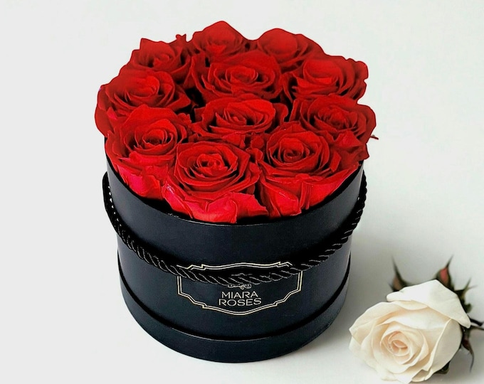 Eternal Roses in Flower Box, 11 Premium Natural Red Roses That Last For Years, Birthday Gift, Personalized Label, Gift for Her, Floral Gift