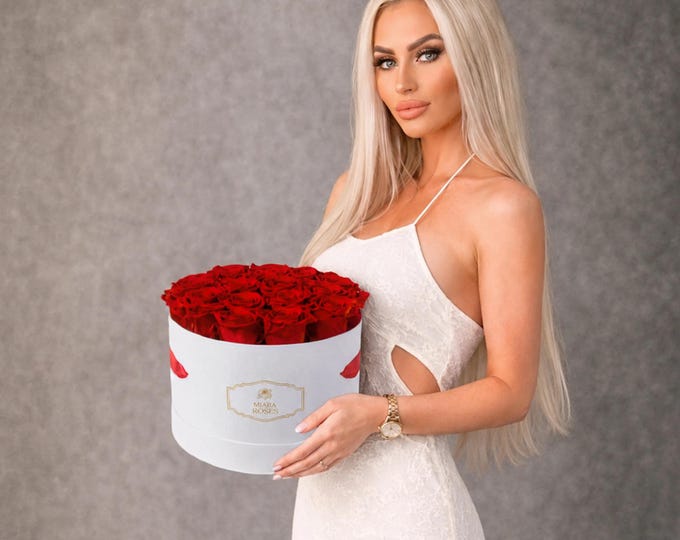Impress Her with Eternal Rose Gift Box — Custom Label Text, 25 Preserved Red Roses Fresh For Years, Engagement Ring Dish