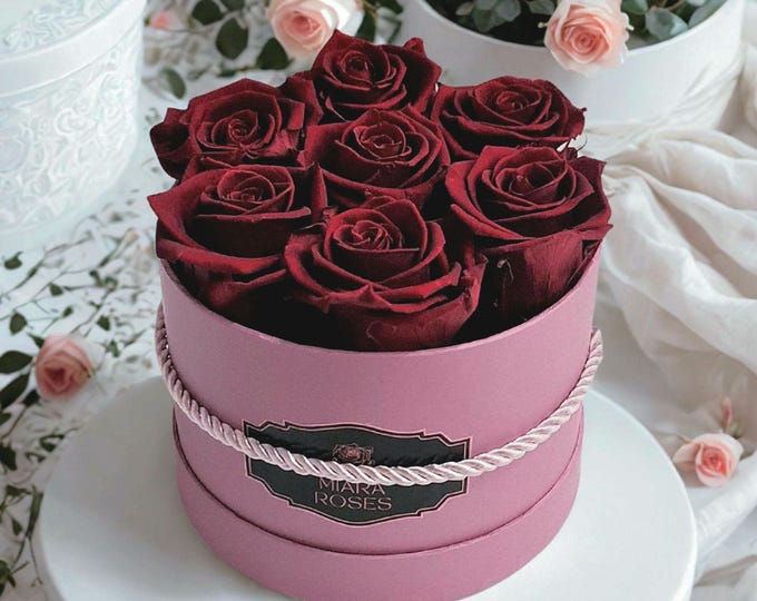 Burgundy Eternal Rose Box (Lifespan 2+ Years) - Custom Label -  Table Centerpiece, Shelf Decor, Birthday Keepsake, Thinking of You Gift