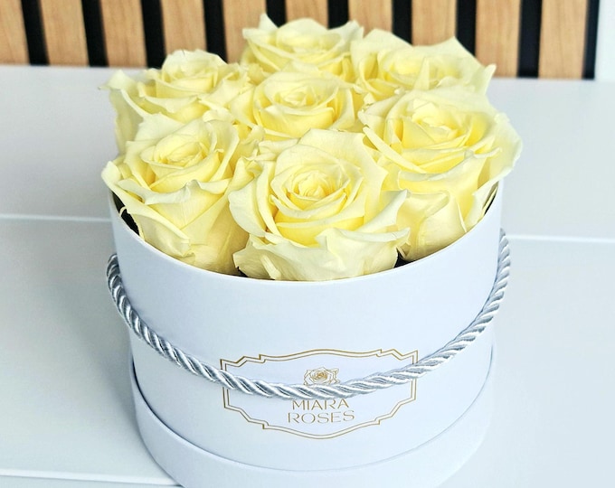 Stabilized to Prevent Wilting, Longevity: 2+ Years - 7 Light Yellow Natural Roses in White Box, Floral Decor, Gift for Friend, Home Decor
