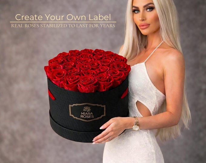 Real Roses Fresh for Years — Custom Text Label Flower Box with 25 Forever Red Roses, Anniversary Flowers, Romantic Rose Box, Handmade