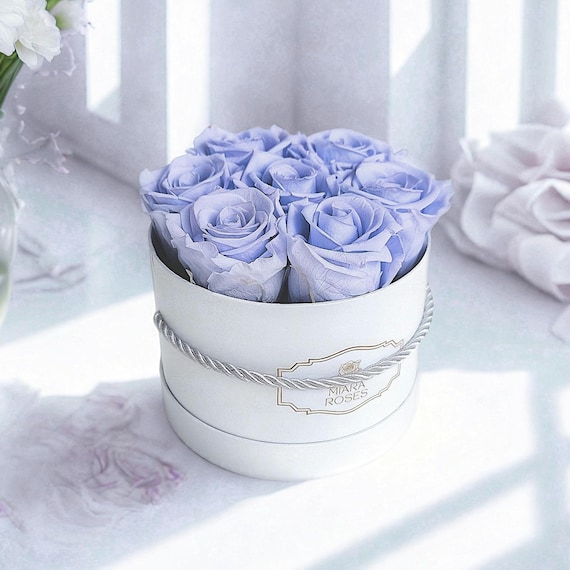 Timless Home Decor Gift - 7 Preserved Lavender Roses in Round Box, Perfect Table Centerpiece, Hallway Decor, Fall Host Gift, Thank You Gift