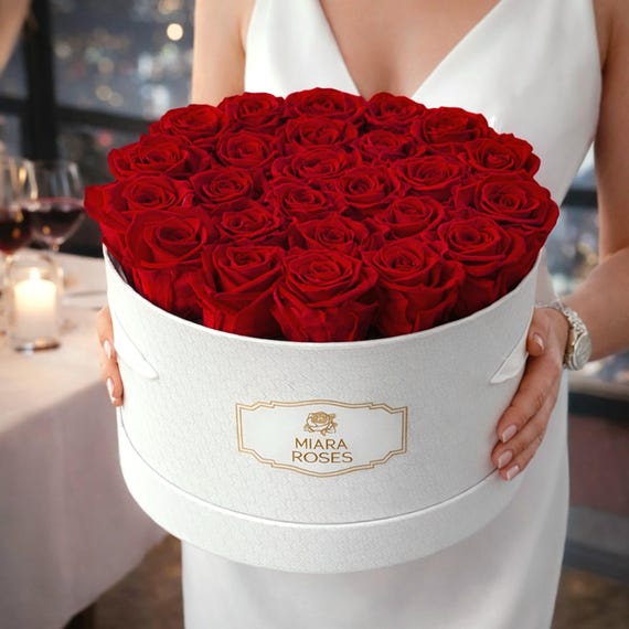 Commemorative Floral Vessel – Event Anchor Keepsake - 25 Preserved Rose Box - Personalised Text Label - Flower Gift Box for Women