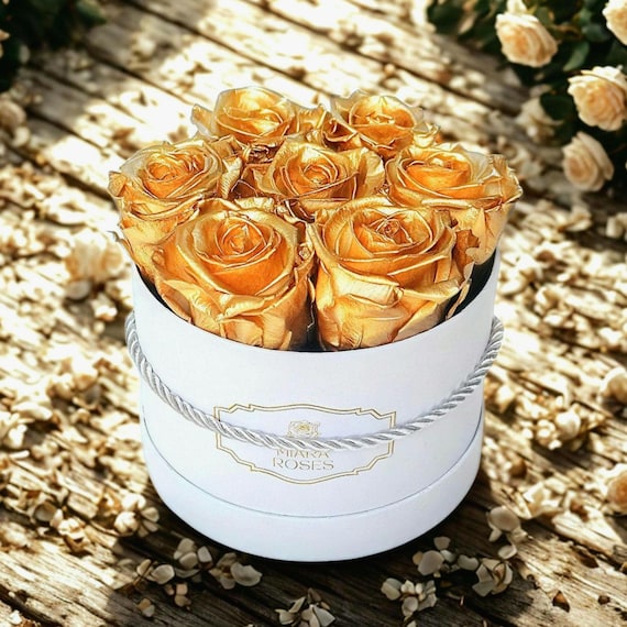 7 Preserved Gold Roses in White Box, Lifespan: 2+ Years, Luxury Designer High-End Interior Floral Centerpiece, Exclusive Decor or Gift