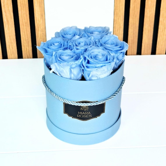 Personalized Gift Box - 7 Light Blue Preserved Real Roses in Blue Box, (Longevity: 2+ Years) Keepsake Gift, Baby Shower Gift, Gender Reveal