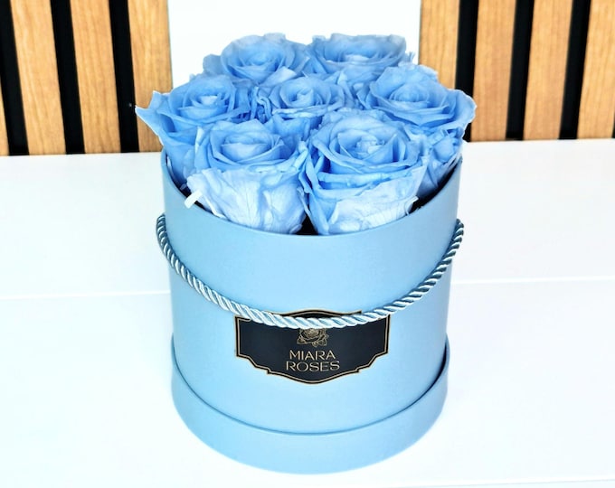 Personalized Gift Box - 7 Light Blue Preserved Real Roses in Blue Box, (Longevity: 2+ Years) Keepsake Gift, Baby Shower Gift, Gender Reveal