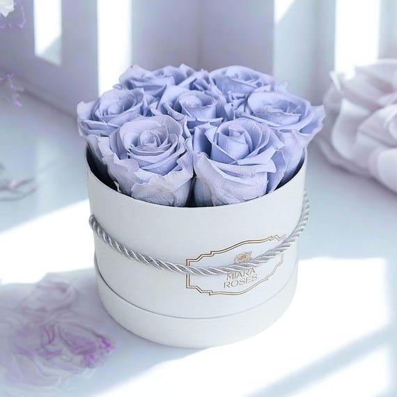 Timless Home Decor Gift - 7 Preserved Lavender Roses in Round Box, Perfect Table Centerpiece, Hallway Decor, Fall Host Gift, Thank You Gift