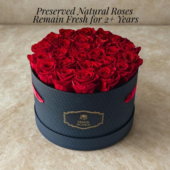 Romantic Keepsake Gift - Red Roses (keeps freshness 2+ years) in Black Gift Box, 25th Birthday, Luxury Anniversary Gift for Her, Custom Text