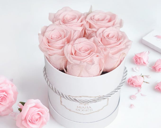 Personalized Label White Box with 5 Preserved Roses, Table Centerpiece, Shelf Decor, Memorable Birthday Gift Filler, Jewelry Dish, Handmade