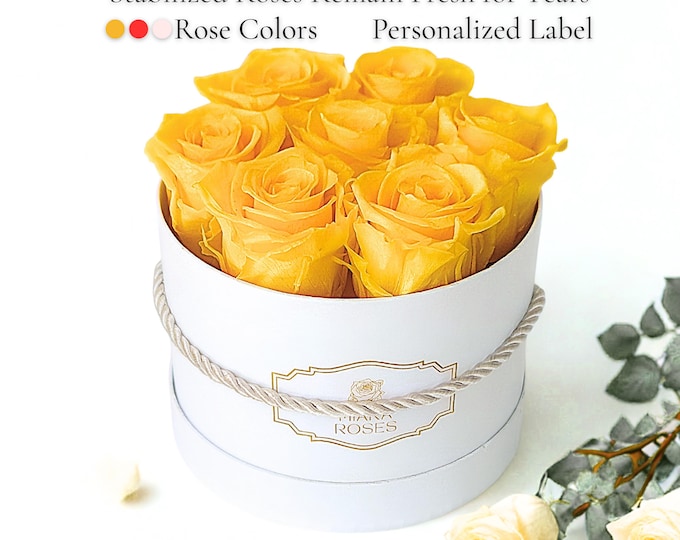 Top Personalized Gift - Real Roses That Don't Wilt - 7 Stabilized Roses in White Box, Gift for Her, Memorable Birthday Flowers, Table Decor