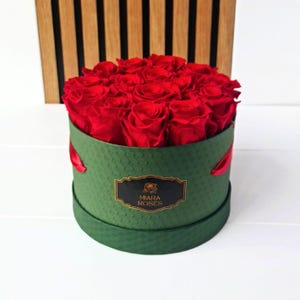 Preserved Real Roses - 15 Blooms in Dark Green Box, Lifespan: 2+ Years, Unique Gift, Home Decor, Table Centerpiece, Cozy Accessories Gift