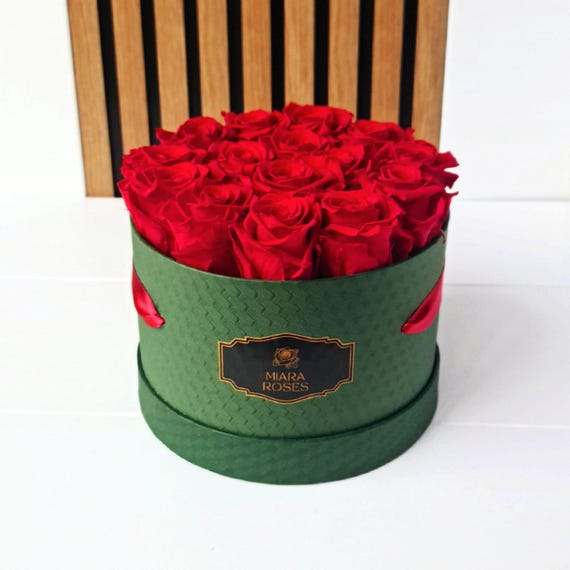 Preserved Real Roses - 15 Blooms in Dark Green Box, Lifespan: 2+ Years, Unique Gift, Home Decor, Table Centerpiece, Cozy Accessories Gift