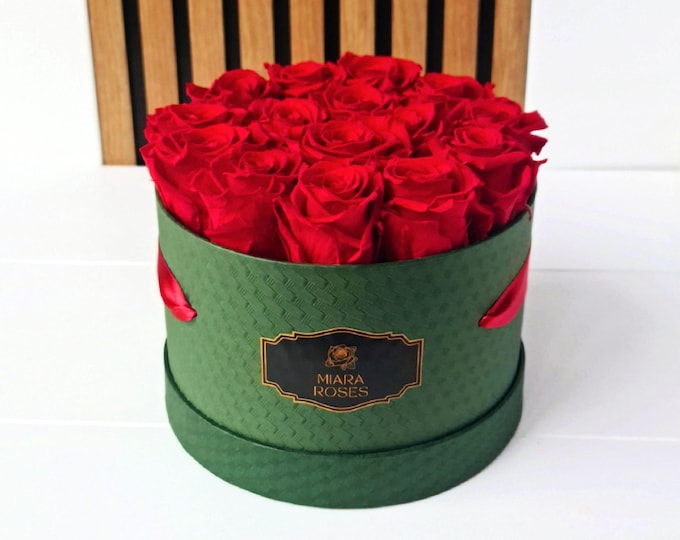 Preserved Real Roses - 15 Blooms in Dark Green Box, Lifespan: 2+ Years, Unique Gift, Home Decor, Table Centerpiece, Cozy Accessories Gift