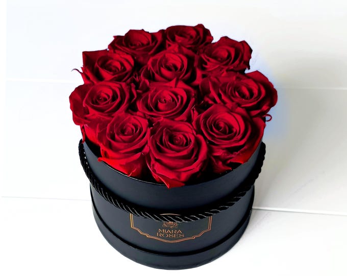 Personalized Label Birthday Flower Box, Keepsake, Anniversary, Wedding, Bridesmaid Gift with 11 Preserved Real Roses - Stay Fresh For Years