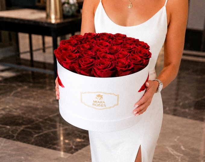 A Whisper of Deep Love — Personalize Unique Rose Box for Her with 25 Red Preserved Roses for Everlasting Memories, Suede Rose Box