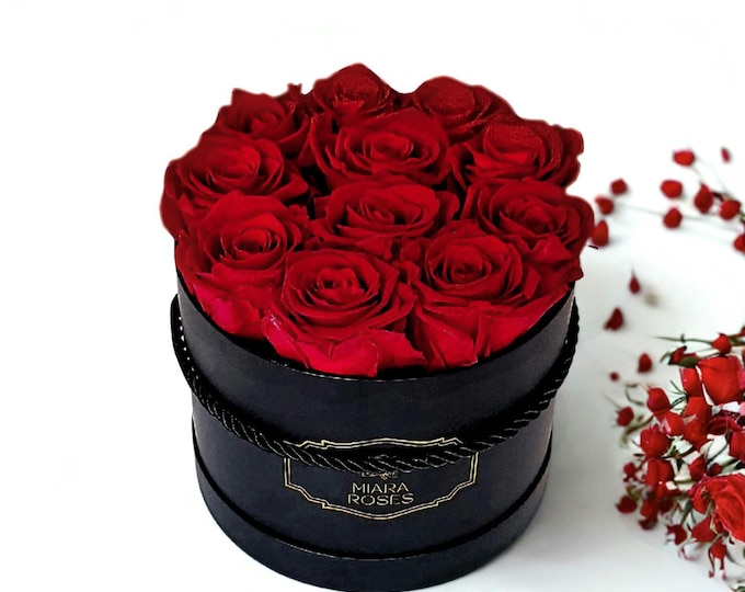 Ideal Keepsake Gift, 11 Preserved Real Red Roses in Round Box, Remain Fresh For Years, Birthday Gift Box, Custom Print, Cute Desk Decor