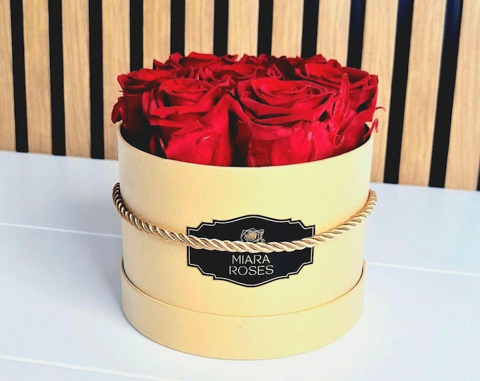 Preserved Red Rose Box, Beige Round Box, Lasting Floral Gift, Custom Label Text, Worldwide Flower Delivery, Fresh Flowers Forever, No Care