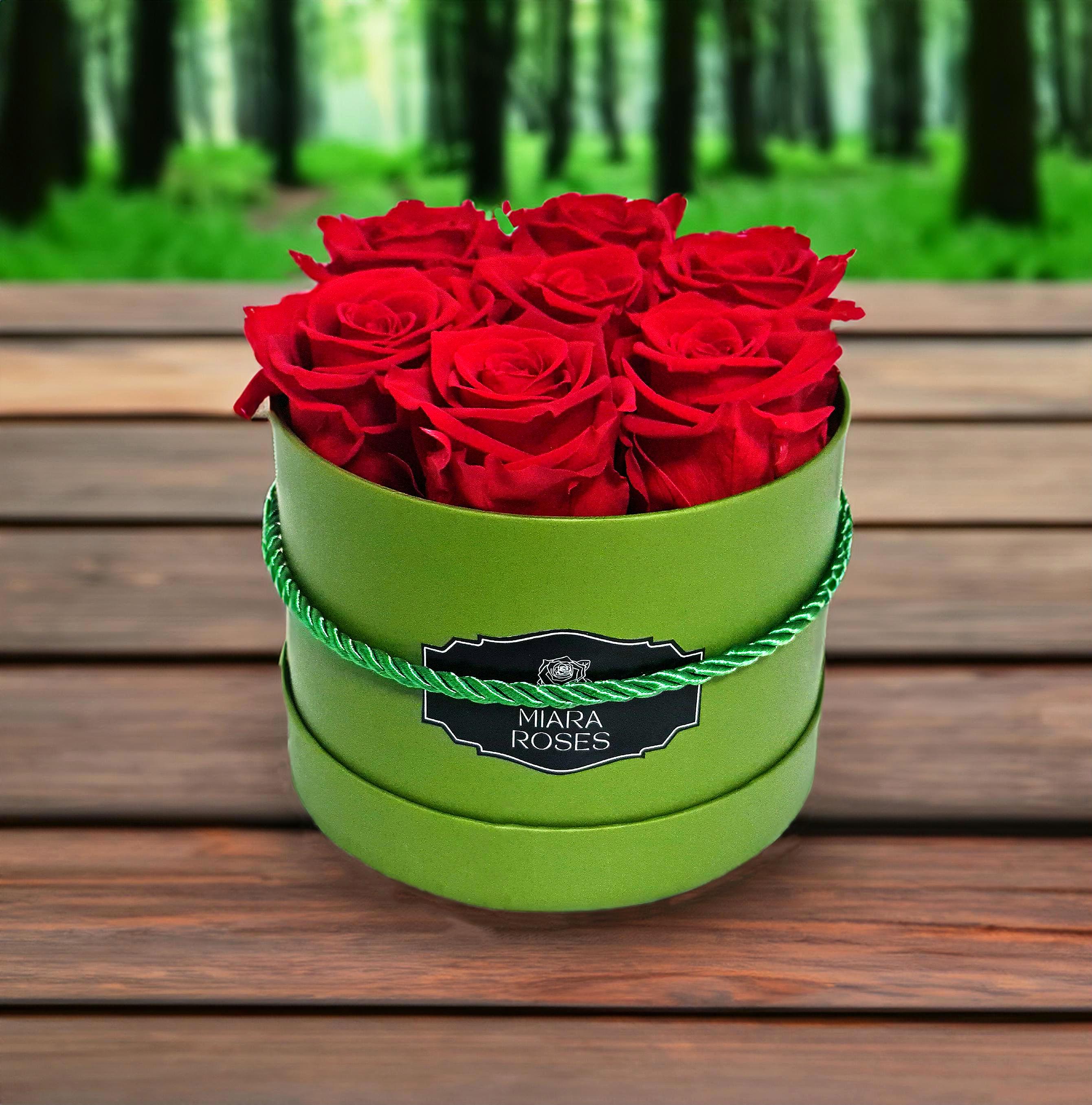 Fresh for Years, 7 Real Roses Preserved in Green Round Box, Elegant Floral Accent, Forever Flowers for Home or Gift, Home Decor, Table Decor
