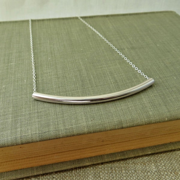 Sterling Silver Horizontal Bar Necklace - Long Curved Tube - Simple Modern Minimal Jewelry