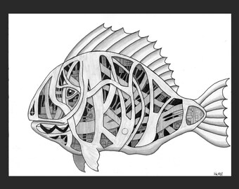 May include: Black and white illustration of a fish with a mechanical, geometric design. The fish's body is filled with intricate details, including lines, shapes, and patterns. The artwork is signed in the bottom right corner.