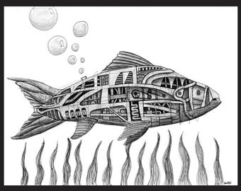 May include: Black and white illustration of a fish with a mechanical, steampunk-inspired design. The fish is swimming upwards, with bubbles above and aquatic plants below. The artwork is detailed, with intricate internal structures visible.